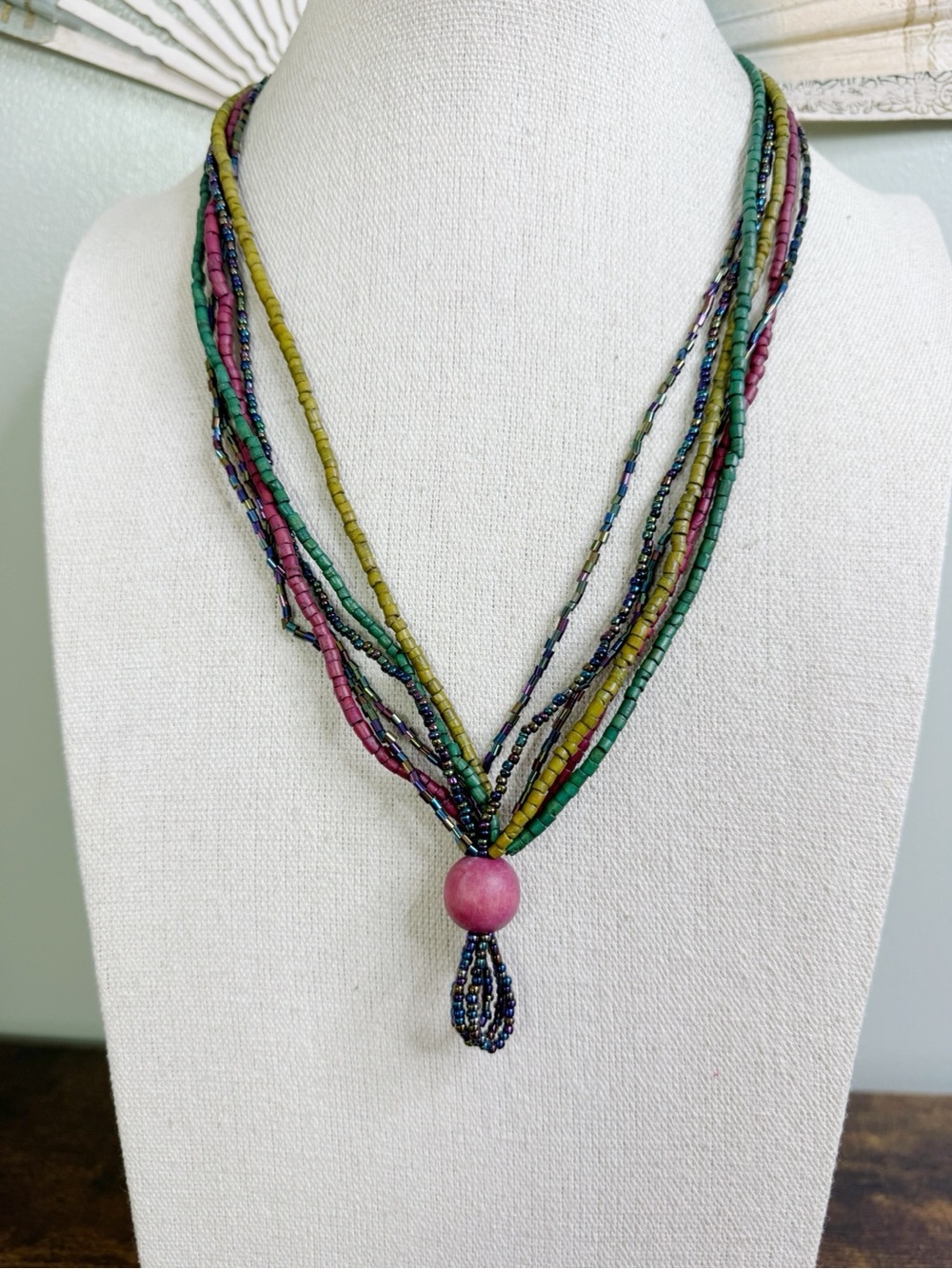 Multi-Strand Glass Seed Beaded Necklace in Green with Pink Wood Bead